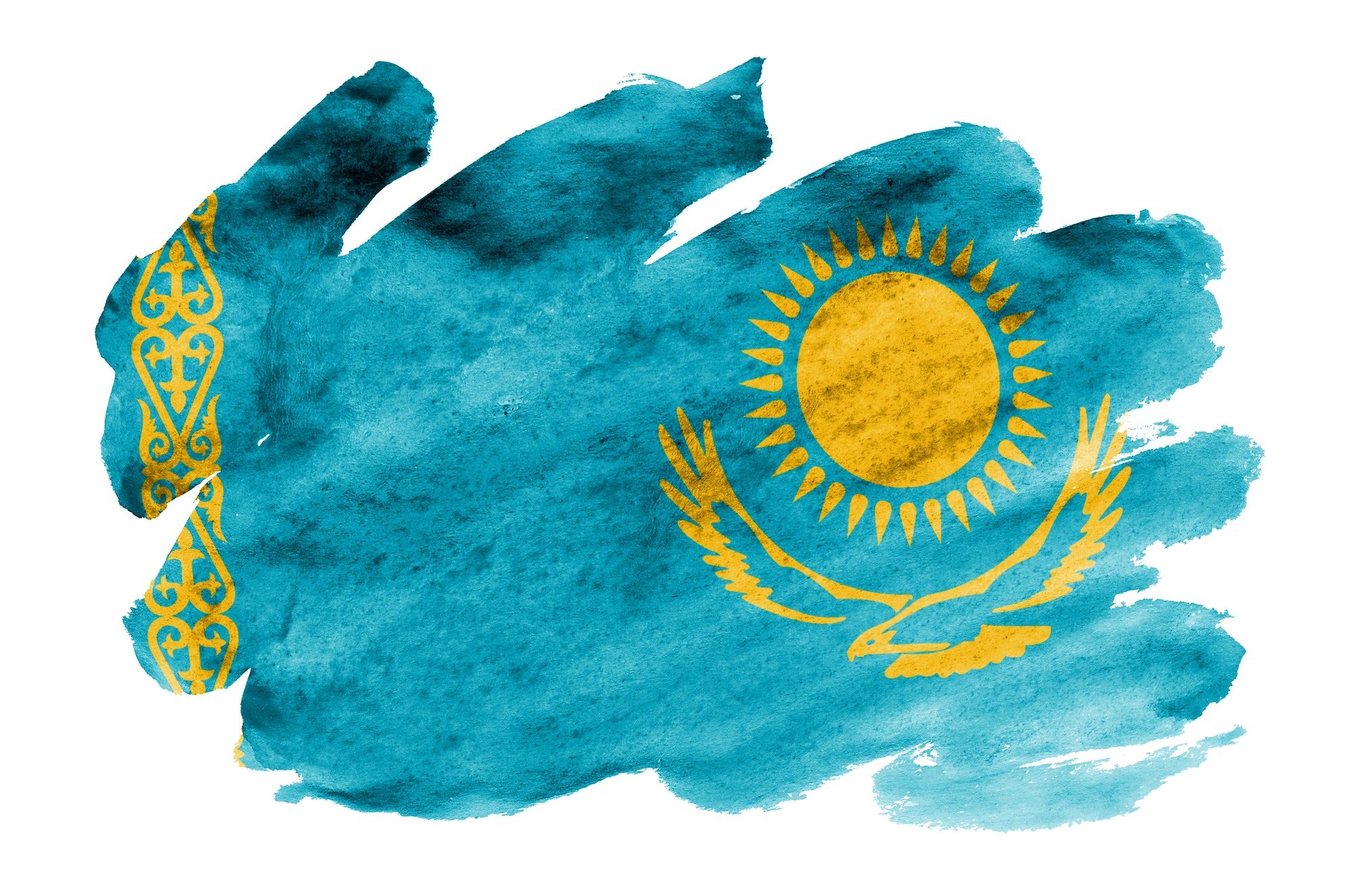 Kazakhstan flag is depicted in liquid watercolor style isolated on white background