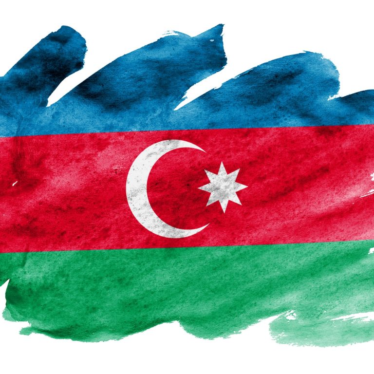 Azerbaijan flag is depicted in liquid watercolor style isolated on white background
